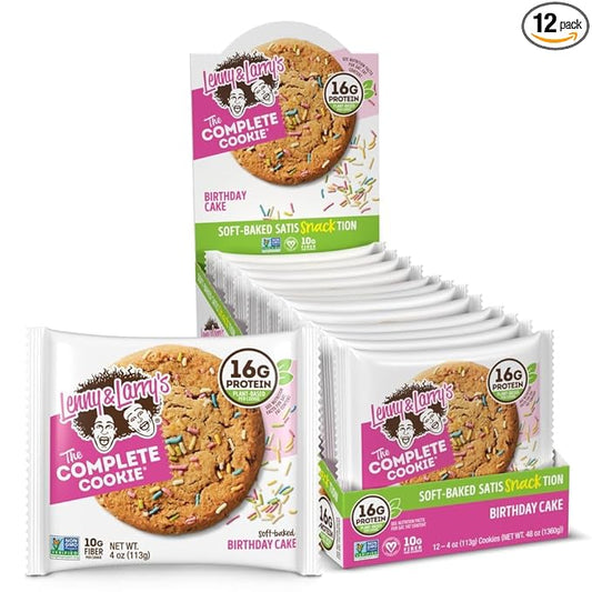 Lenny & Larry's The Complete Cookie, Birthday Cake, Soft Baked, 16g Plant Protein, Vegan, Non-GMO, 4 Ounce Cookie (Pack of 12)