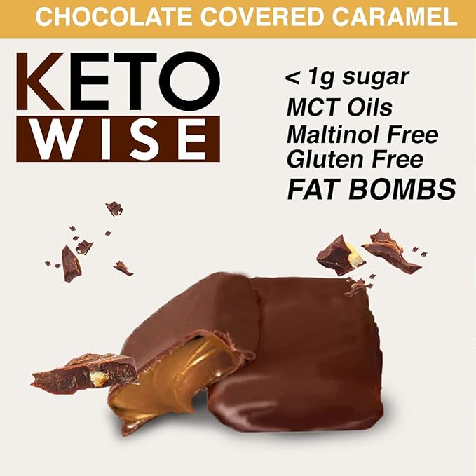 Keto Wise Fat Bombs - Made with Chocolate containing MCT Oil - Low Fat, Low Carb and Keto Friendly Snack - 8g Fat, 2g Net Carbs | Chocolate Covered Caramels, 2 Count (Pack of 16)
