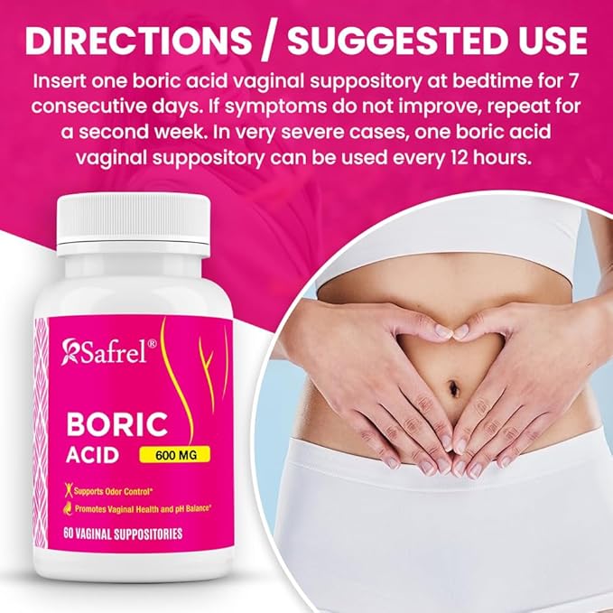 Safrel Boric Acid Vaginal Suppositories 60 Count (1-Pack) – 100% Pure