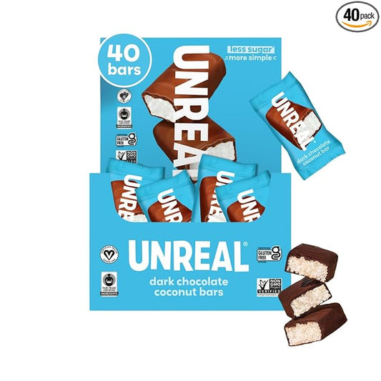 UNREAL Dark Chocolate Coconut Bars (40 Mini Bars) | Vegan, 3g Sugar, & 3 Simple Ingredients | Non-GMO, Gluten Free, & Fair Trade | .53oz each