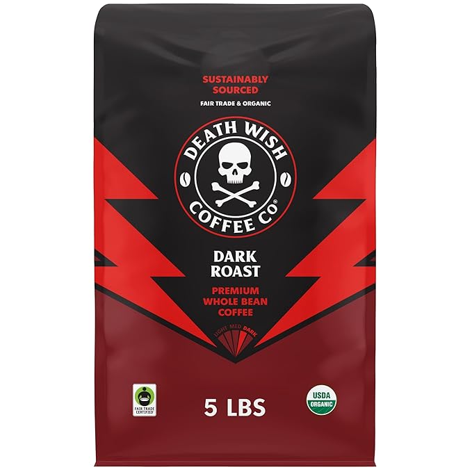 Death Wish Coffee Whole Bean Dark Roast - Extra Kick of Caffeine - USA Organic Coffee Beans - Fair Trade Arabica & Robusta Coffee Beans - Dark Roast Coffee Beans (80 oz.)