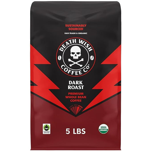 Death Wish Coffee Whole Bean Dark Roast - Extra Kick of Caffeine - USA Organic Coffee Beans - Fair Trade Arabica & Robusta Coffee Beans - Dark Roast Coffee Beans (80 oz.)