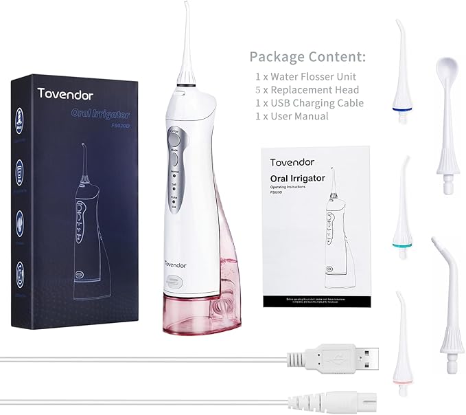 TOVENDOR Electric Water Flosser, Rechargeable Dental 3 Modes, 5 Tips (300ML, IPX7Waterproof IPX7Waterproof Waterflosser)