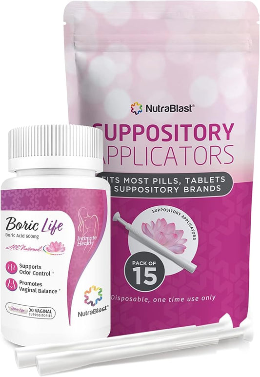 NutraBlast Boric Acid Vaginal Suppositories 600mg 30 Suppositories 15 Applicators