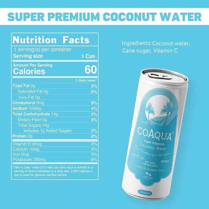 CoAqua Organic Coconut Water, 12 Pack, Natural Electrolytes for Hydration, Naturally Sweet Electrolyte Drink Potassium, Pure Coconut Water Not from Concentrate, Fat Free, Low Sugar, 16.9 Fl Oz Cans