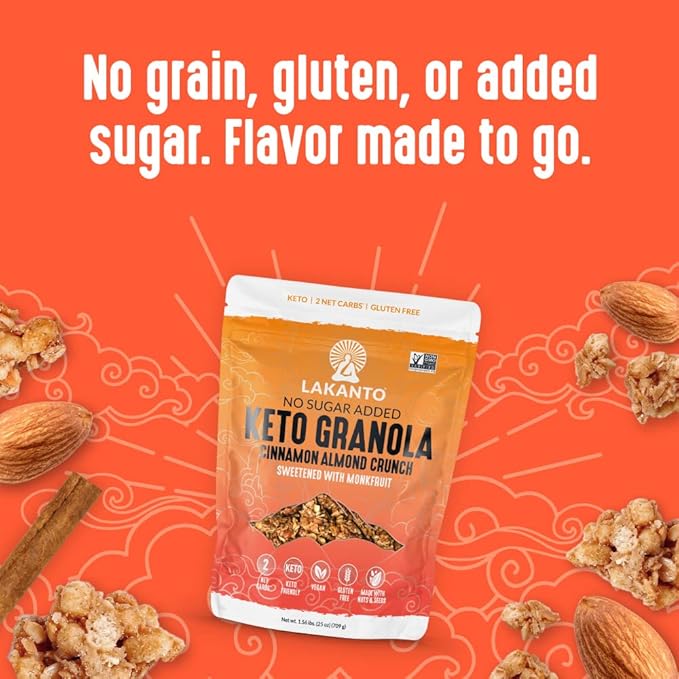 Lakanto Cinnamon Almond Crunch Granola - Monk Fruit Sweetener, Delicious Snack, Quick Breakfast Cereal, Keto Friendly, No Sugar Added, Vegan, Gluten Free, Grain Free, Low Net Carbs (25 Oz)