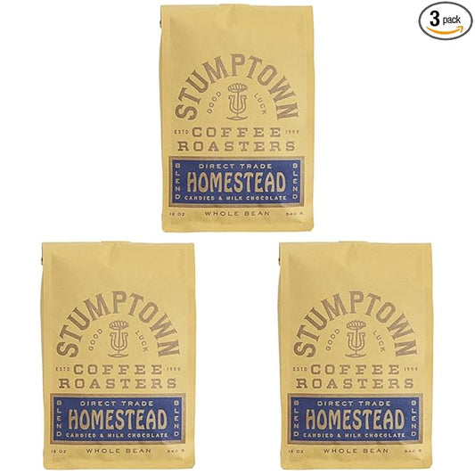 Stumptown Coffee Roasters, Medium Roast Whole Bean Coffee - Homestead Blend 12 Ounce Bag with Flavor Notes of Milk Chocolate, Cherry and Orange (Pack of 3)