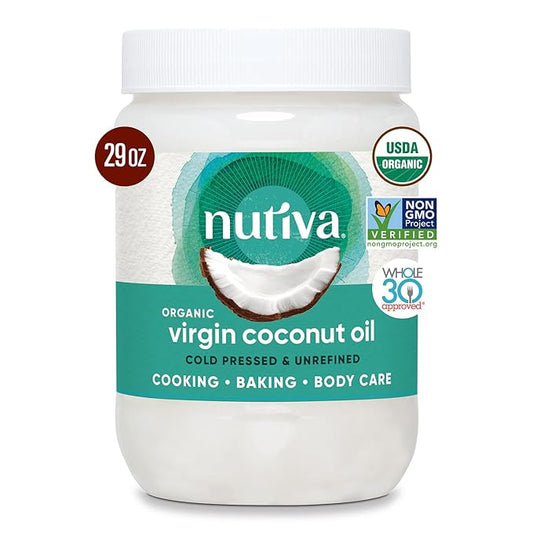 Nutiva Organic Coconut Oil 29 fl oz, Cold-Pressed, Fresh Flavor for Cooking Oil, Natural Hair Oil, Skin Oil, Massage Oil and, Non-GMO, USDA Organic, Unrefined Extra Virgin Coconut Oil (Aceite de Coco)
