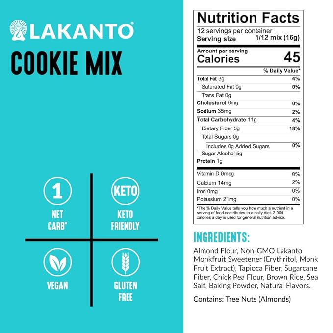 Lakanto Sugar Free Cookie Mix - Monk Fruit Sweetener, 1g Net Carb, Gluten Free, Dairy Free, Keto Diet Friendly, Delicious Snack, Almond Flour, Baking Mix (12 Servings)
