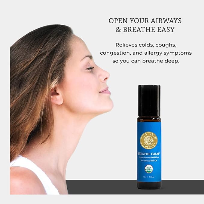 Organic Breathe Calm Essential Oil Breathe Easy Blend Roll On, 100% Pure USDA Certified Aromatherapy for Cold, Cough, Congestion, Allergy Relief, & Wellness - 10 ml Roller by Silk Road Organic