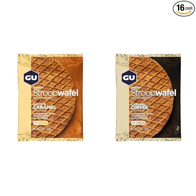 GU Energy Stroopwafel Salty's Caramel and Caramel Coffee Caffeinated Sports Nutrition Wafers, 16 Count