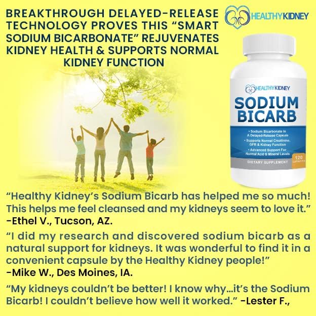 Sodium Bicarbonate 650mg Capsules Delayed Release for Supporting Normal Kidney Function & Kidney Supplement. Sodium Bicarbonate for Acid Relief, Alkalinity 120 Pills 2-Pack