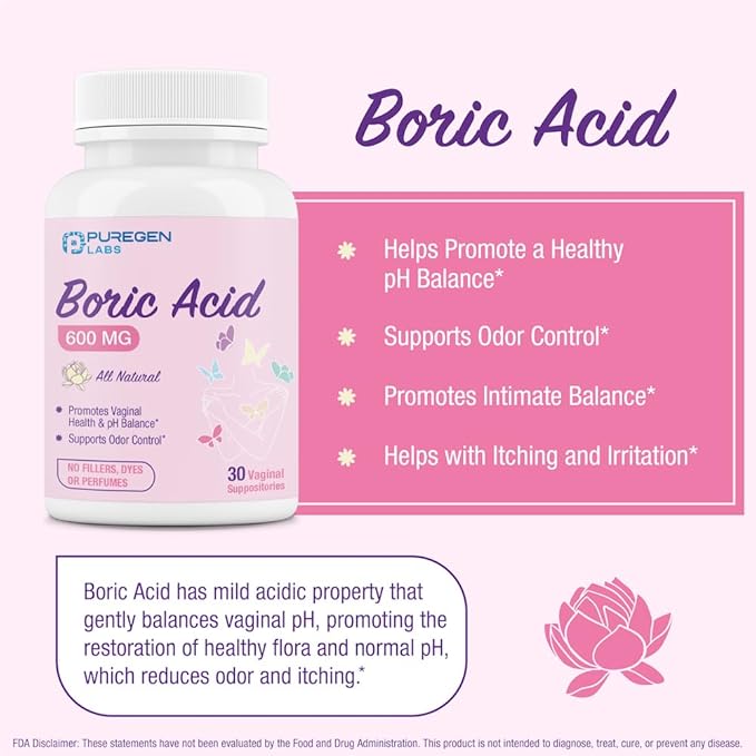 Puregen Labs Boric Acid 600 mg 100% Pure (30 Count)