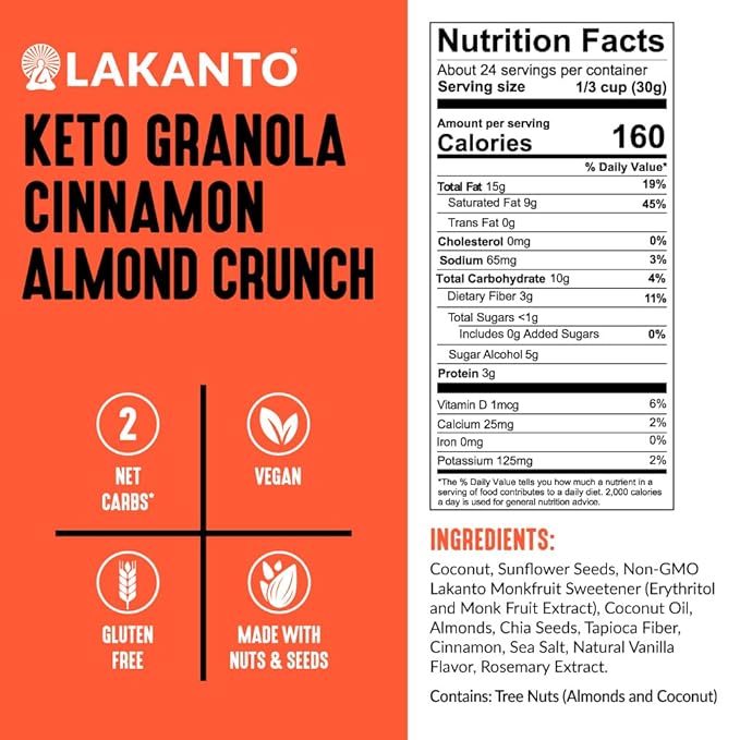 Lakanto Cinnamon Almond Crunch Granola - Monk Fruit Sweetener, Delicious Snack, Quick Breakfast Cereal, Keto Friendly, No Sugar Added, Vegan, Gluten Free, Grain Free, Low Net Carbs (25 Oz)