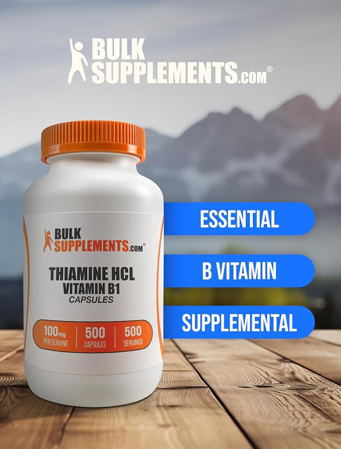 BulkSupplements.com Thiamine HCl Capsules - Thiamine Hydrochloride, Vitamin B Supplements, Vitamin B1 - Gluten Free, Thiamine HCl 100mg, 1 Capsule per Serving, 500 Capsules (Pack of 1)