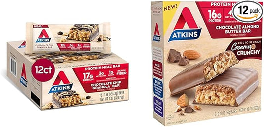 Atkins Chocolate Chip Granola Protein Meal Bar 12 Count and Chocolate Almond Butter Protein Meal Bar 5 Count Bundle