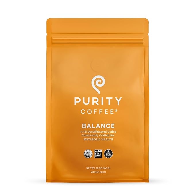 Purity Coffee BALANCE ⅔ Decaf Medium Roast Whole Bean Coffee (12oz Bag) - Specialty-Grade Mountain Water Processed Decaf + Regular Arabica Blend- USDA Certified Organic Decaffeinated - Third Party Tested for Mold, Mycotoxins, Pesticide Residue
