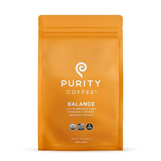 Purity Coffee BALANCE ⅔ Decaf Medium Roast Whole Bean Coffee (12oz Bag) - Specialty-Grade Mountain Water Processed Decaf + Regular Arabica Blend- USDA Certified Organic Decaffeinated - Third Party Tested for Mold, Mycotoxins, Pesticide Residue