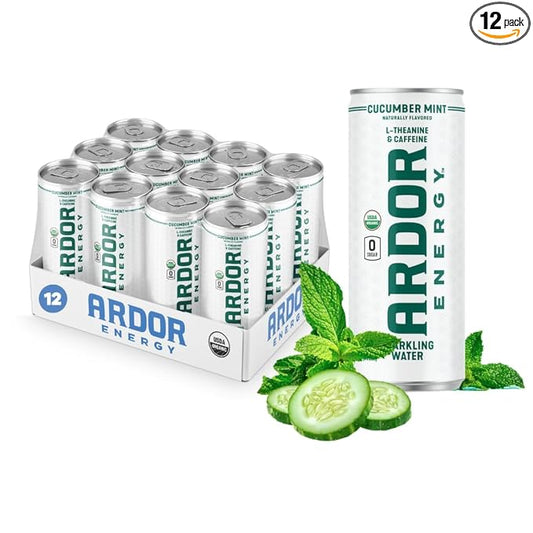 ARDOR ENERGY Sparkling Water Cucumber Mint 12 pack with 100mg Organic Caffeine from Green Tea & 200mg Organic L-Theanine (Focus & Calm). No Sugar. No Calories. Vegan. Gluten Free.