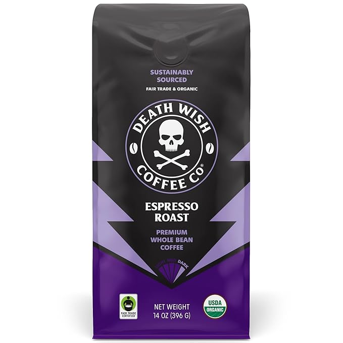 Death Wish Coffee Co. Whole Bean Espresso Roast - Organic, Fair Trade, Arabica and Robusta Coffee Beans, 14 ounce (Pack of 1)