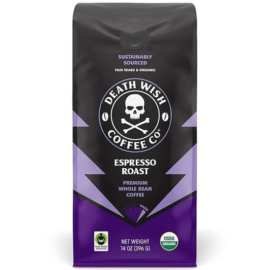 Death Wish Coffee Co. Whole Bean Espresso Roast - Organic, Fair Trade, Arabica and Robusta Coffee Beans, 14 ounce (Pack of 1)