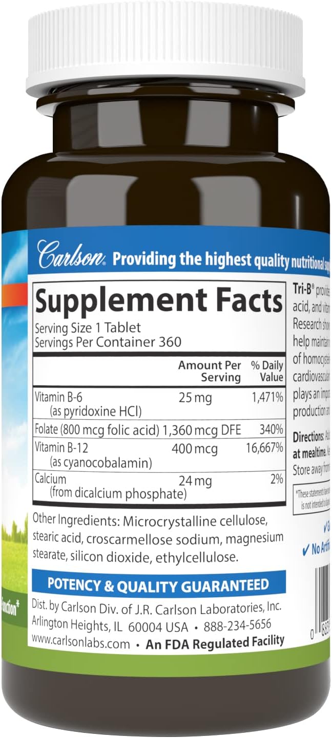 Carlson - Tri-B, Vitamin B Complex, 25 mg B-6, 400 400 mcg B-12, Folic B12 Supplement, 360 Tablets