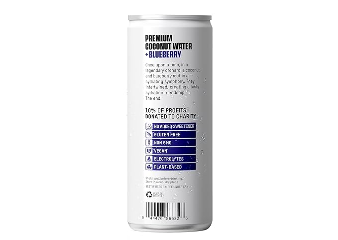 Once Upon a Coconut Blueberry Coconut Water - Pure No Sugar Added - Low-Calorie, All-Natural Drink with Electrolytes - Non-GMO, Gluten-Free - Pack of 12 Cans (each 10.8 fl oz)