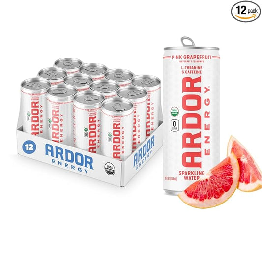 ARDOR ENERGY Sparkling Water Pink Grapefruit 12 pack with 100mg Organic Caffeine from Green Tea & 200mg Organic L-Theanine (Focus & Calm). No Sugar. No Calories. Vegan. Gluten Free.