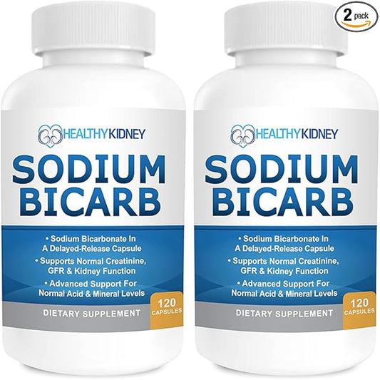 Sodium Bicarbonate 650mg Capsules Delayed Release for Supporting Normal Kidney Function & Kidney Supplement. Sodium Bicarbonate for Acid Relief, Alkalinity 120 Pills 2-Pack