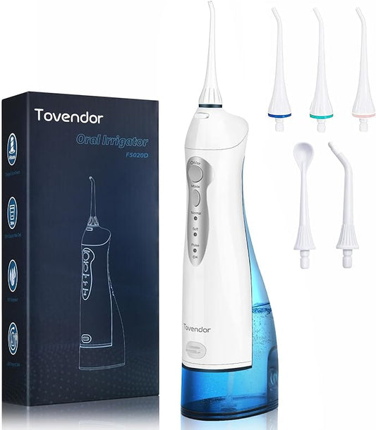 TOVENDOR Electric Water Flosser, Rechargeable Dental 3 Modes, 5 Tips (300ML, IPX7Waterproof IPX7Waterproof Waterflosser)
