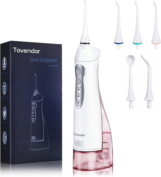 TOVENDOR Electric Water Flosser, Rechargeable Dental 3 Modes, 5 Tips (300ML, IPX7Waterproof IPX7Waterproof Waterflosser)