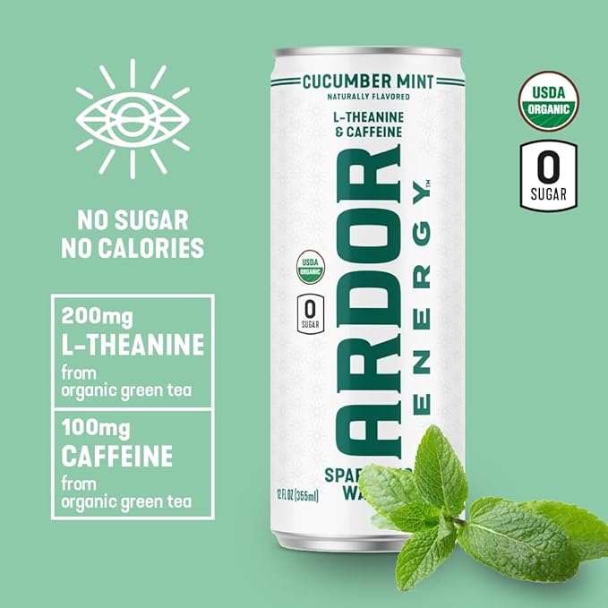 ARDOR ENERGY Sparkling Water Cucumber Mint 12 pack with 100mg Organic Caffeine from Green Tea & 200mg Organic L-Theanine (Focus & Calm). No Sugar. No Calories. Vegan. Gluten Free.
