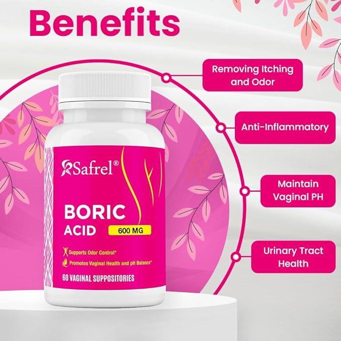 Safrel Boric Acid Vaginal Suppositories 60 Count (1-Pack) – 100% Pure