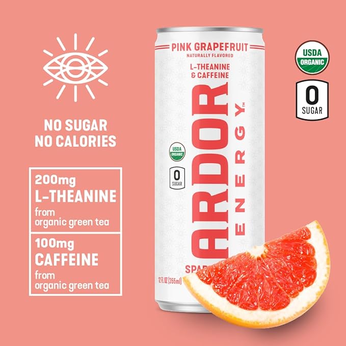 ARDOR ENERGY Sparkling Water Pink Grapefruit 12 pack with 100mg Organic Caffeine from Green Tea & 200mg Organic L-Theanine (Focus & Calm). No Sugar. No Calories. Vegan. Gluten Free.