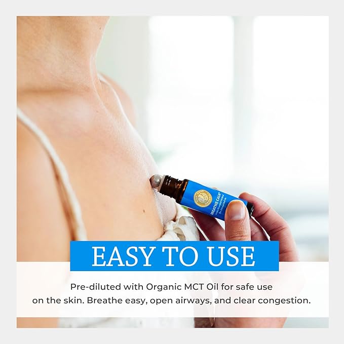 Organic Breathe Calm Essential Oil Breathe Easy Blend Roll On, 100% Pure USDA Certified Aromatherapy for Cold, Cough, Congestion, Allergy Relief, & Wellness - 10 ml Roller by Silk Road Organic
