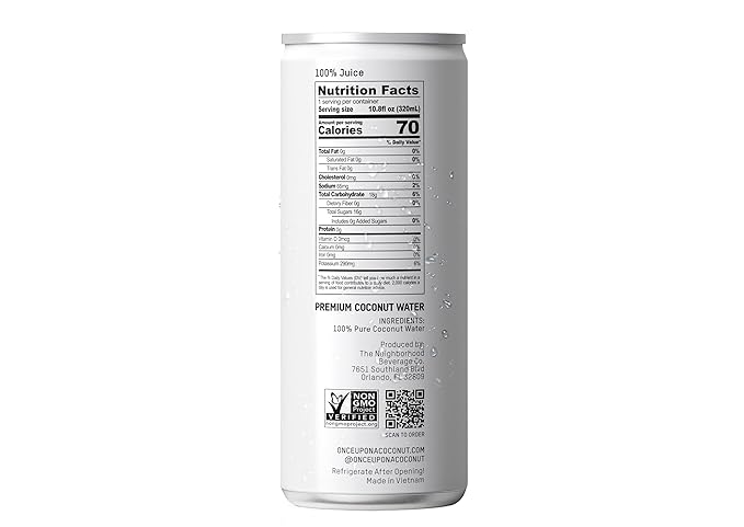 Once Upon a Coconut Pure Coconut Water - Low Calorie All-Natural Drink with Electrolytes - No Added Sugar or Sweeteners - Non-GMO - Gluten-Free - Pack of 12 Cans (each 10.8 fl oz)