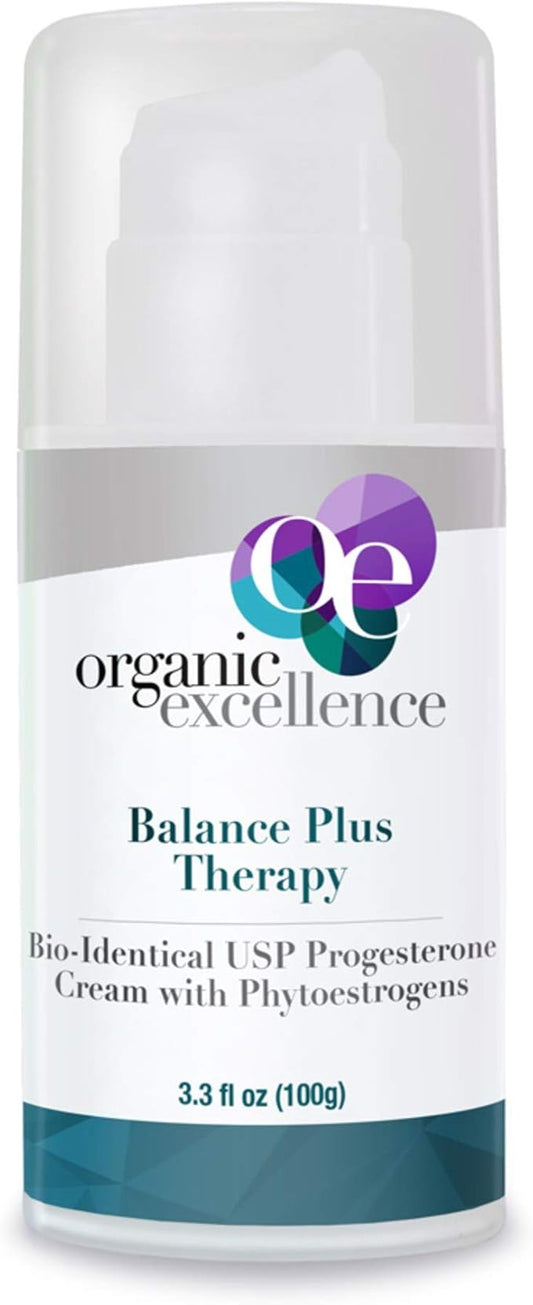 Organic Excellence Balance Plus Therapy - USP Bioidentical Organic Progesterone Cream for Women - with Phytoestrogens - for Menopause Relief and Natural Hormone Balance, 3.3 fl oz (100g)
