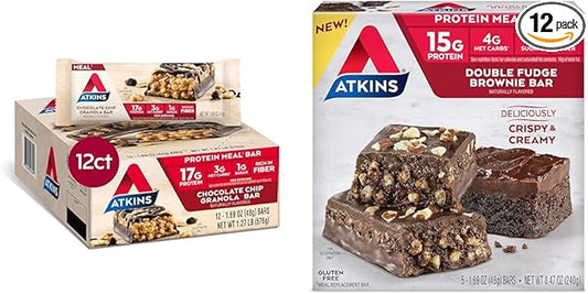 Atkins Chocolate Chip Granola Protein Meal Bar with 17g Protein, 1g Sugar, 3g Net Carbs, 12 Count & Double Fudge Brownie Protein Meal Bar with 15g Protein, 1g Sugar, 4g Net Carbs