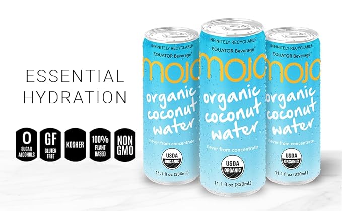 MOJO Organic Coconut Water | Hydration & Sports | Electrolytes 1043 mg | Vitamin B & C | Super Hydration for Skin & Body | 11.1 Oz (Pack Of 12)