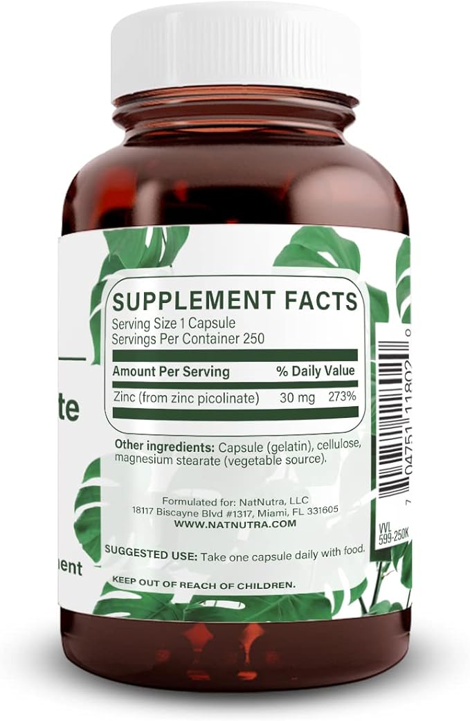 Natural Nutra Zinc Picolinate 30 mg, 250 Capsules (2 Pack)