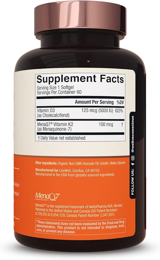 Live Conscious Vitamin K2 MK7 D3 Supplement D3 5000 5000 IU 60 Softgels