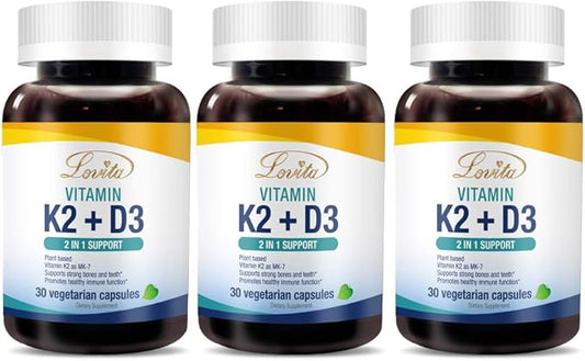 Lovita Vitamin K2 + D3, 400 D3 & 120 mcg K2 (MK-7), (MK-7), 2 2 in 1 Formula, 30 Vegetarian 3)