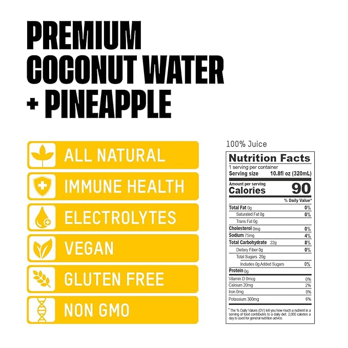 Once Upon a Coconut Pineapple Coconut Water - Natural Hydrating Low Calorie Drink with Electrolytes - No Added Sugar or Sweeteners - 10.8 fl oz (Pack of 12)