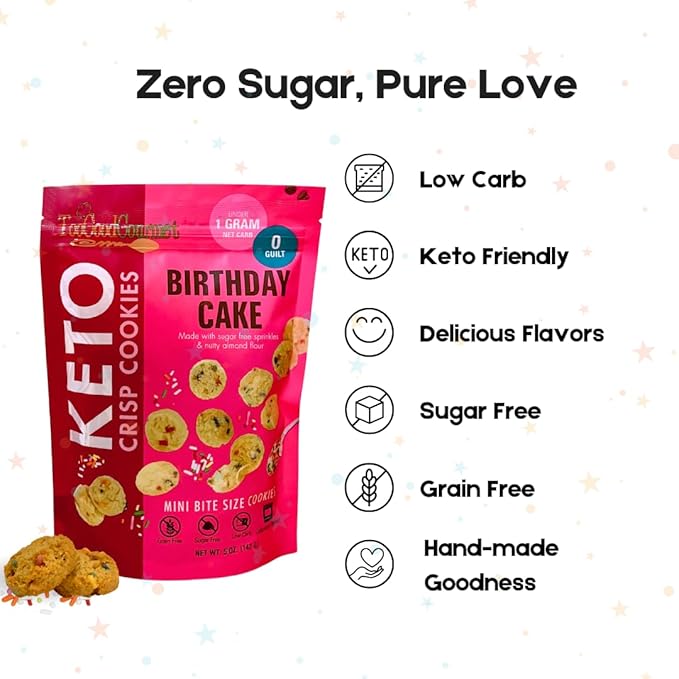 Too Good Gourmet Low Carb Keto Snack | 2 Pack Birthday Cake Flavor Sugar Free Cookies | Perfectly Baked | Gluten-Free | Grain-Free Keto Cookies | Zero Sugar Snacks