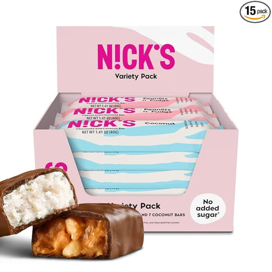 NICKS Keto Chocolate Candy Bars Variety Pack, No Added Sugar, Coconut, Gluten Free Sweets Low carb Candy Snack Bar (Multipack 15x40g)