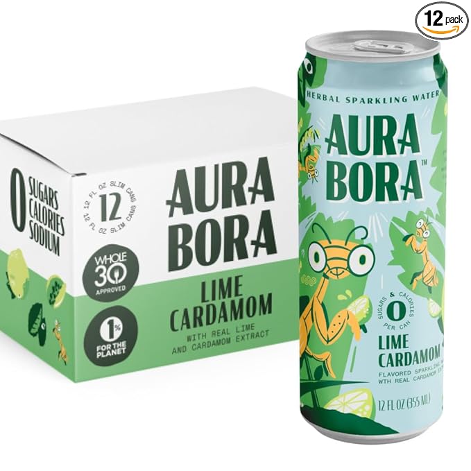 Aura Bora, Lime Cardamom Herbal Sparkling Water, 12 oz Can (Pack of 12), 0 Calories, 0 Sugar, 0 Sodium, Non-GMO