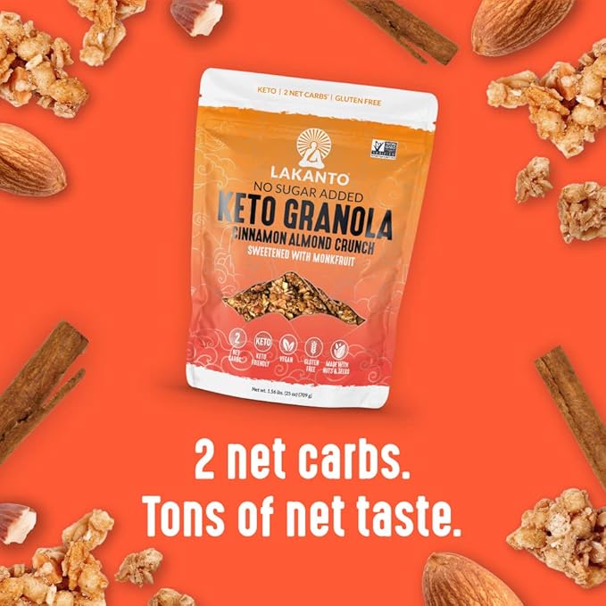 Lakanto Cinnamon Almond Crunch Granola - Monk Fruit Sweetener, Delicious Snack, Quick Breakfast Cereal, Keto Friendly, No Sugar Added, Vegan, Gluten Free, Grain Free, Low Net Carbs (25 Oz)