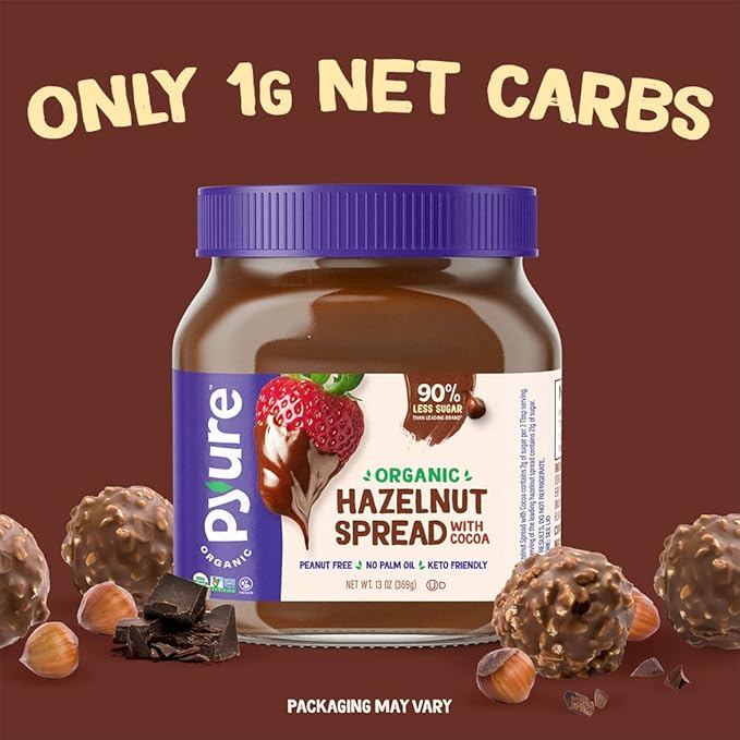 Pyure Organic Chocolate Hazelnut Spread | 90% Less Sugar | 1 Net Carb Keto Snack | No Palm Oil, Gluten-Free, Peanut Free, Plant-Based Hazelnut Spread for Vegan Keto Friendly Food | 13oz (Pack of 2)
