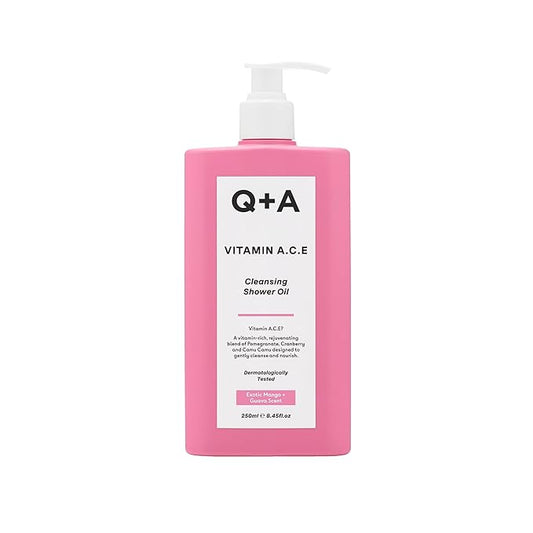 Q+A Vitamin A.C.E Cleansing Shower Oil, blend of vitamin-rich Fruit Extracts and Oils, plus a Superfood Complex supporting skin barrier whilst delivering an ultra-gentle cleanse, 250ml