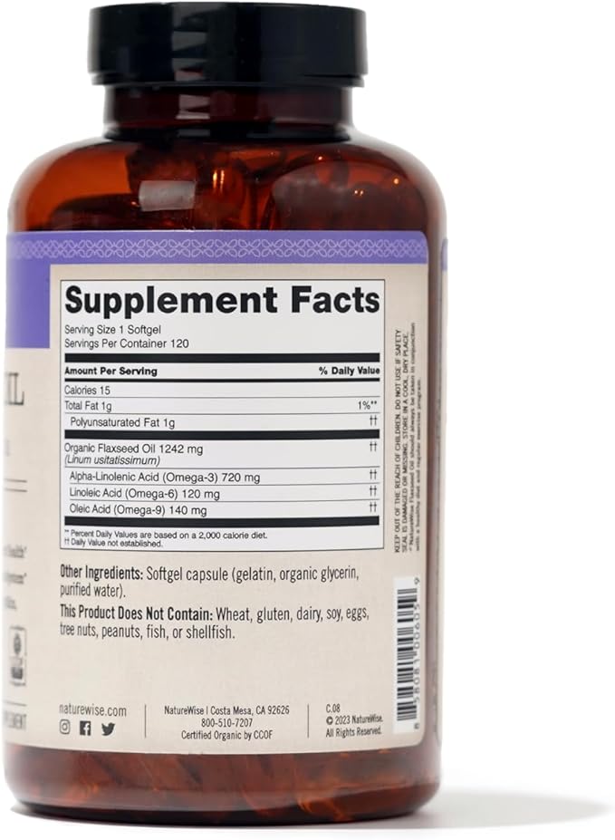 NatureWise Flaxseed Oil 1200mg Softgels 720mg ALA, 3 6 6 9, 9, Supplement 120 Softgels[2-Month Softgels[2-Month Supply]